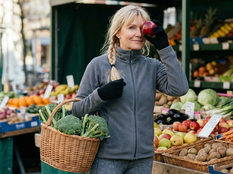 Smiling woman at a market holding an apple, with a basket of vegetables